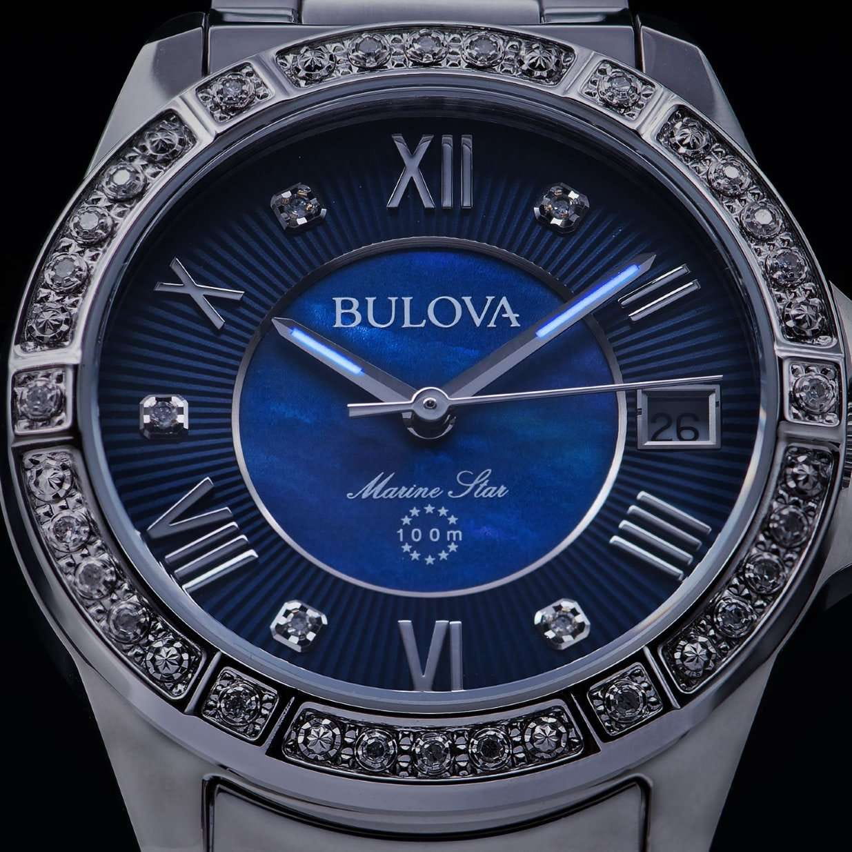 Bulova Bulova Marine Star 96R215 кварцевые женские часы часы крупный план синий циферблата